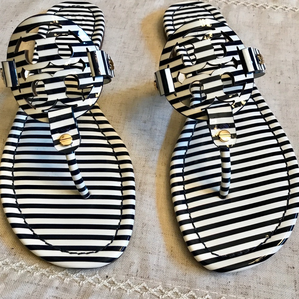 Tory Burch Miller Patent Striped Flat Thong Sandal